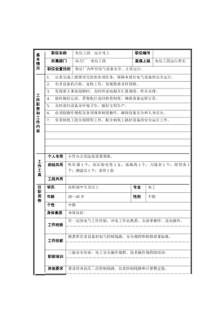 电仪工段-运行电工职位说明书