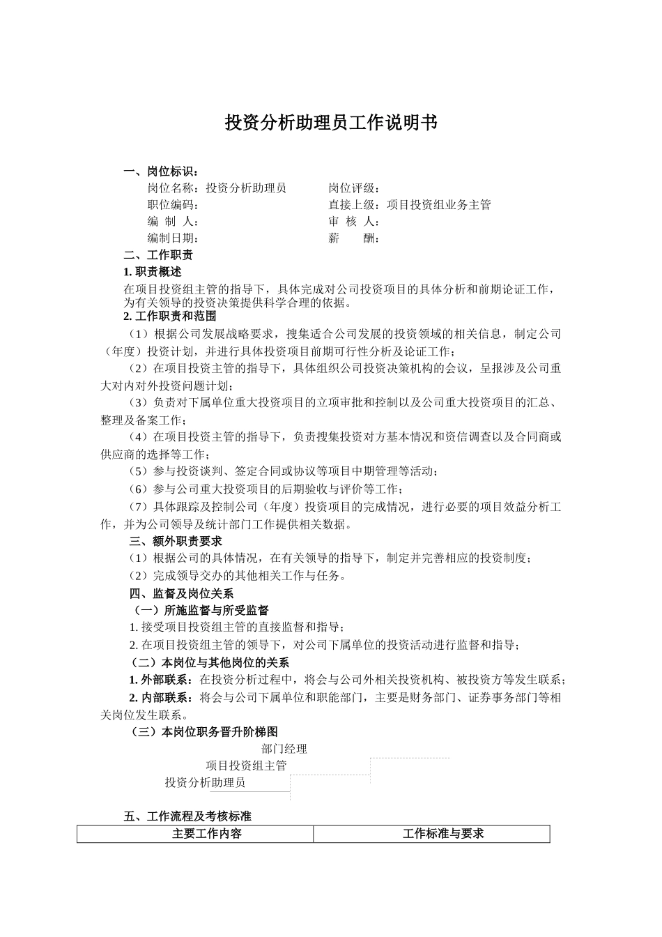 投资分析助理员工作说明书（DOC 3页）_第1页