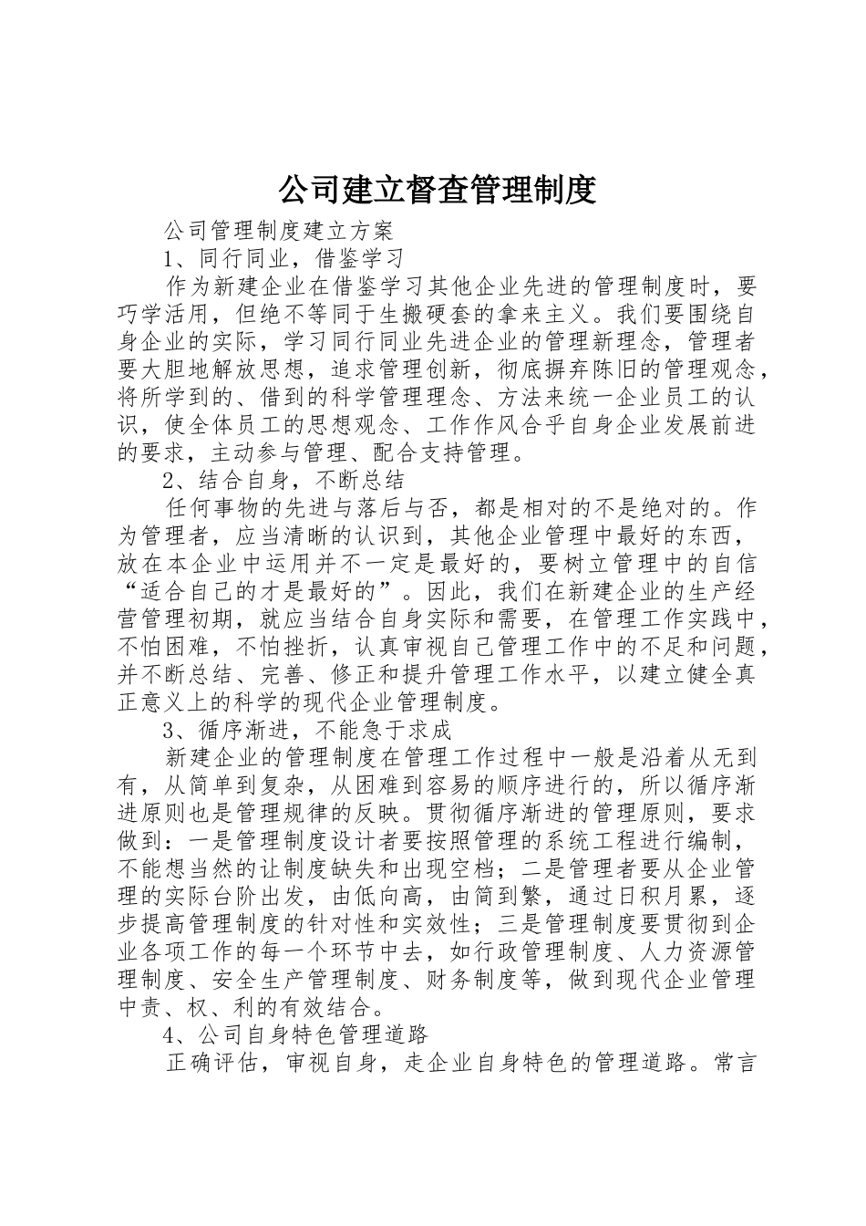 公司建立督查管理规章制度细则_第1页