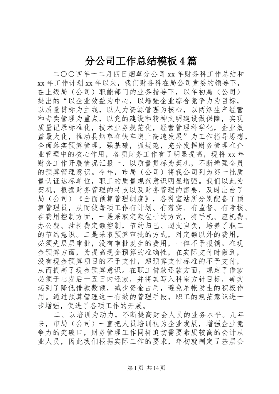 分公司工作总结模板4篇_第1页