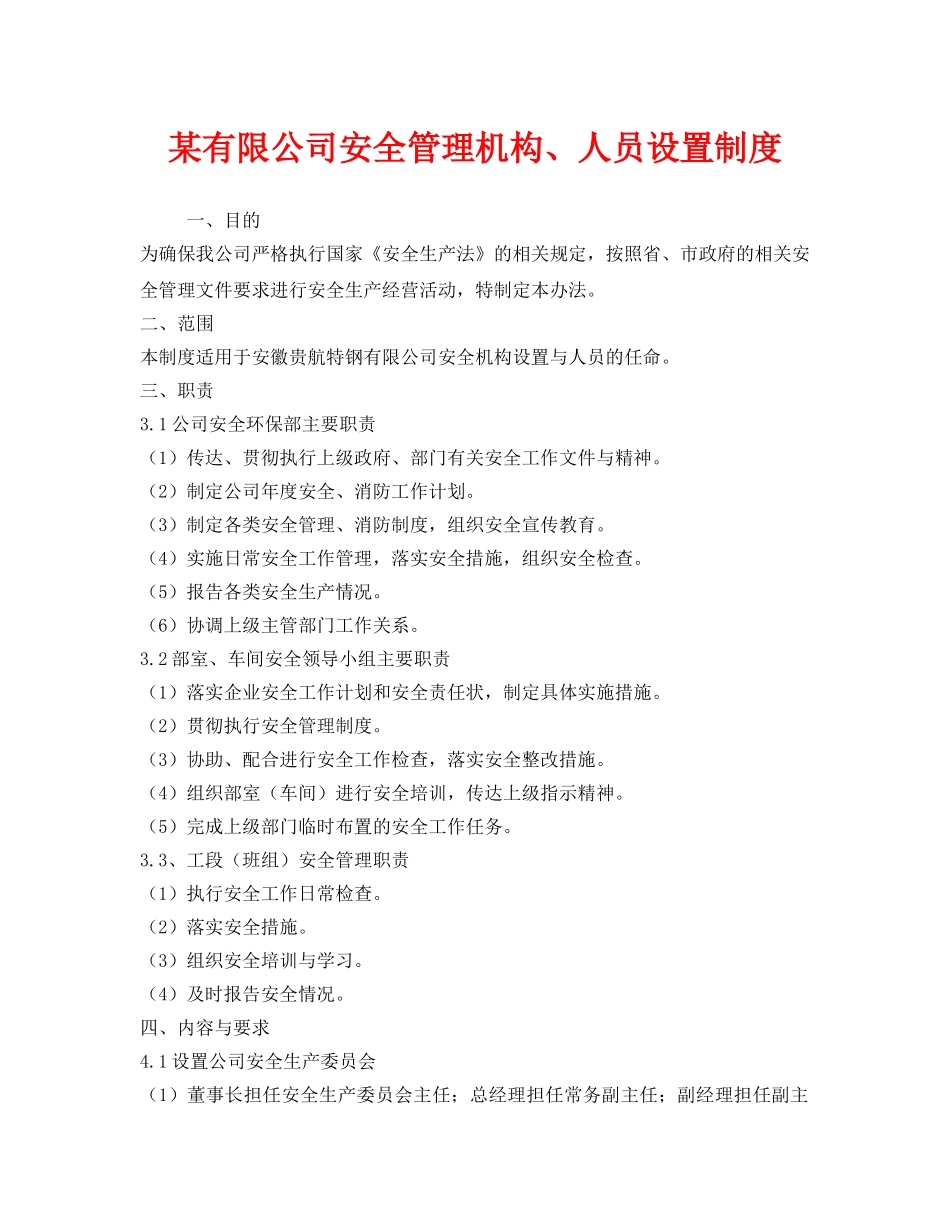 《安全管理制度》之某有限公司安全管理机构、人员设置制度 _第1页