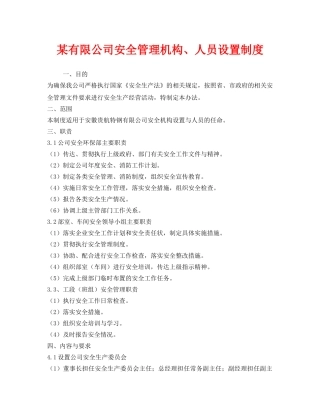 《安全管理制度》之某有限公司安全管理机构、人员设置制度 