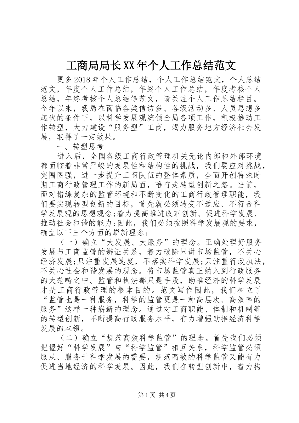 工商局局长XX年个人工作总结范文_第1页