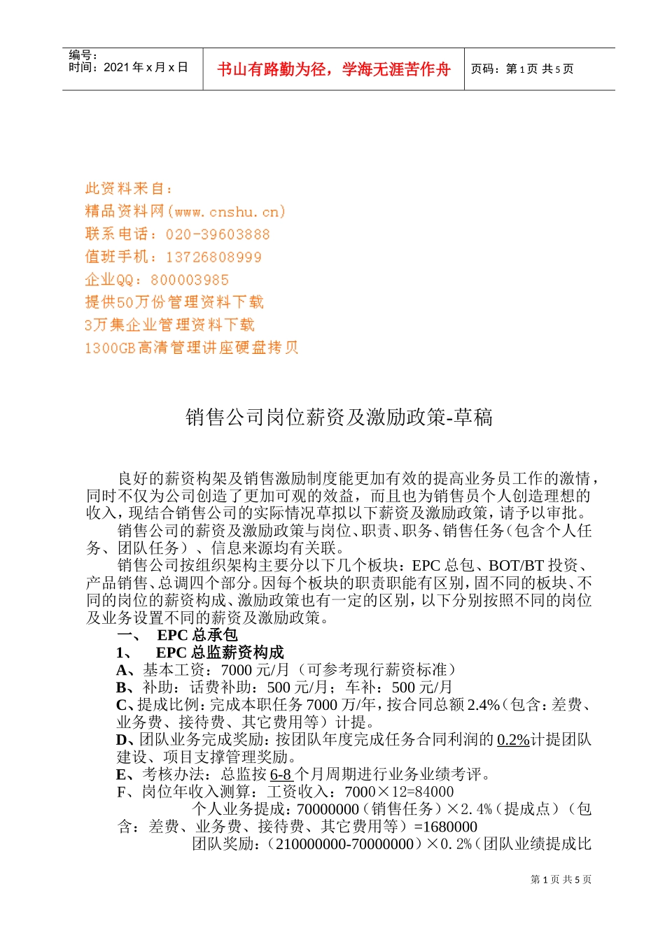 销售公司岗位薪资及激励政策讲义_第1页