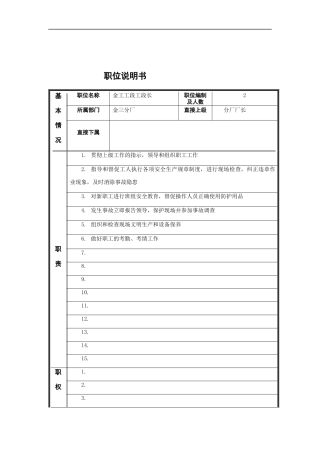 金工工段工段长岗位说明书