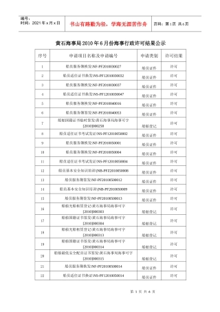 黄石海事局XXXX年6月份海事行政许可结果公示
