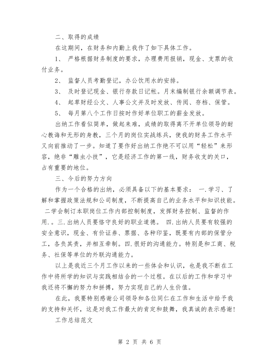 2024年2月出纳试用期转正工作总结范文与2024年2月副镇长个人工作总结范文汇编_第2页