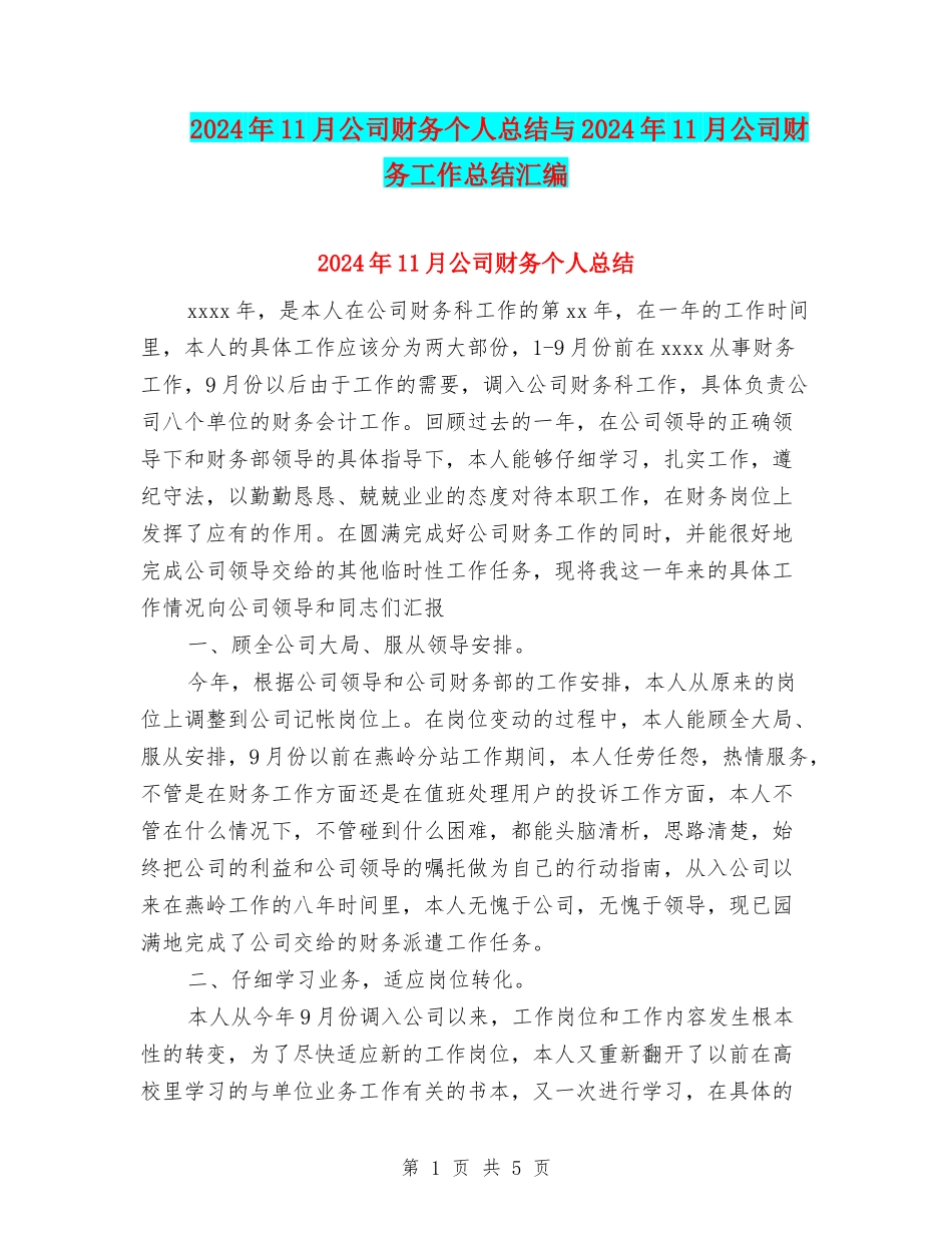 2024年11月公司财务个人总结与2024年11月公司财务工作总结汇编_第1页