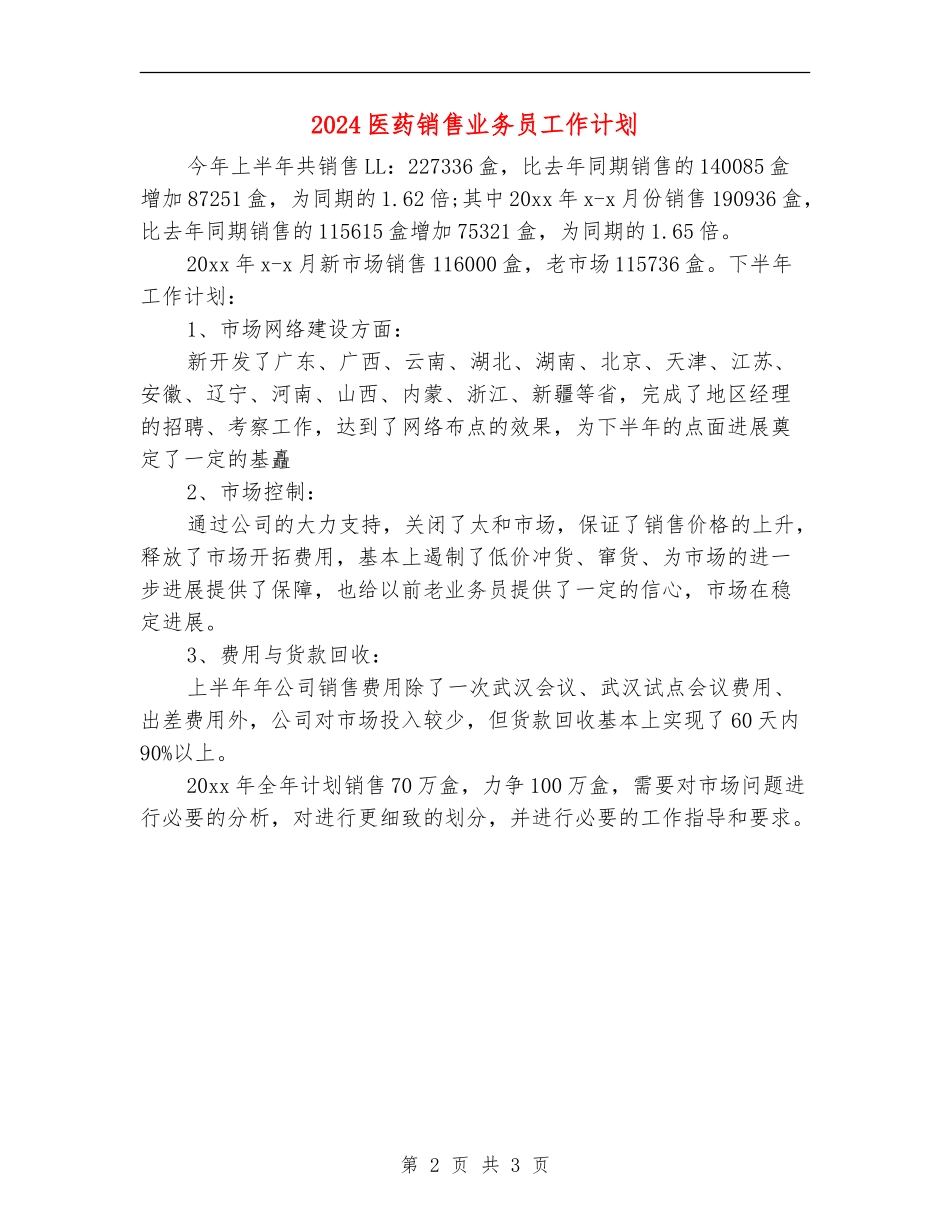 2024医药销售业务员工作计划_第2页