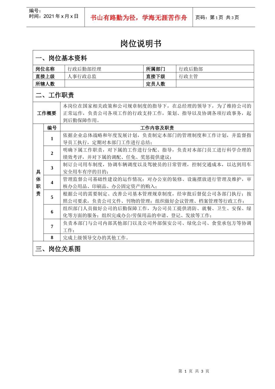 行政后勤部经理岗位说明书_第1页
