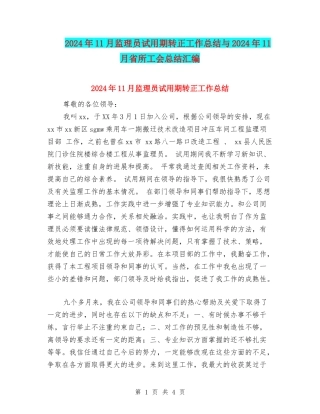 2024年11月监理员试用期转正工作总结与2024年11月省所工会总结汇编