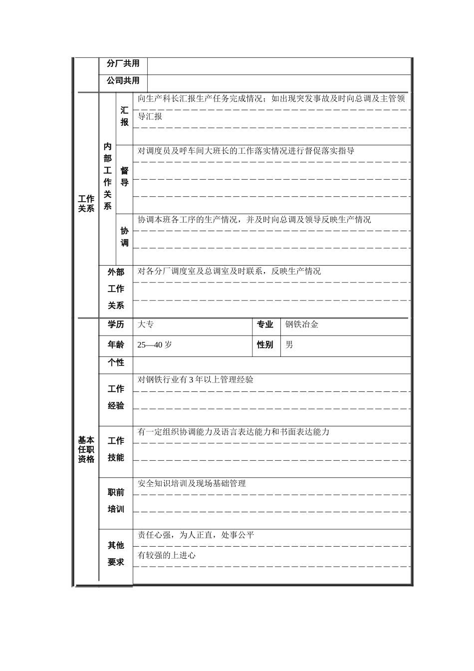 炼钢厂生产科调度长职位说明书_第2页