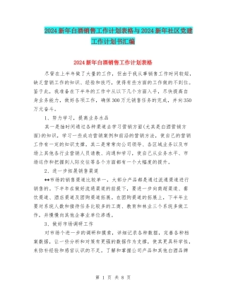 2024新年白酒销售工作计划表格与2024新年社区党建工作计划书汇编