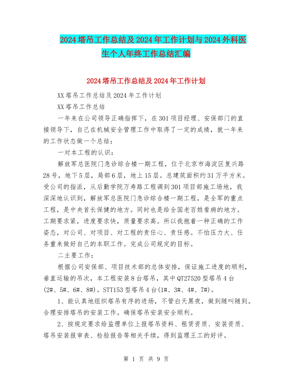 2024塔吊工作总结及2024年工作计划与2024外科医生个人年终工作总结汇编_第1页