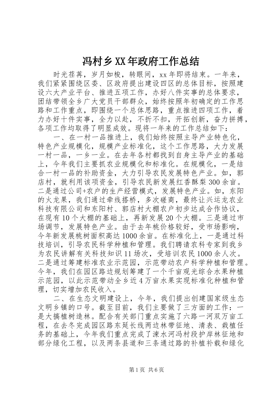 冯村乡XX年政府工作总结_第1页