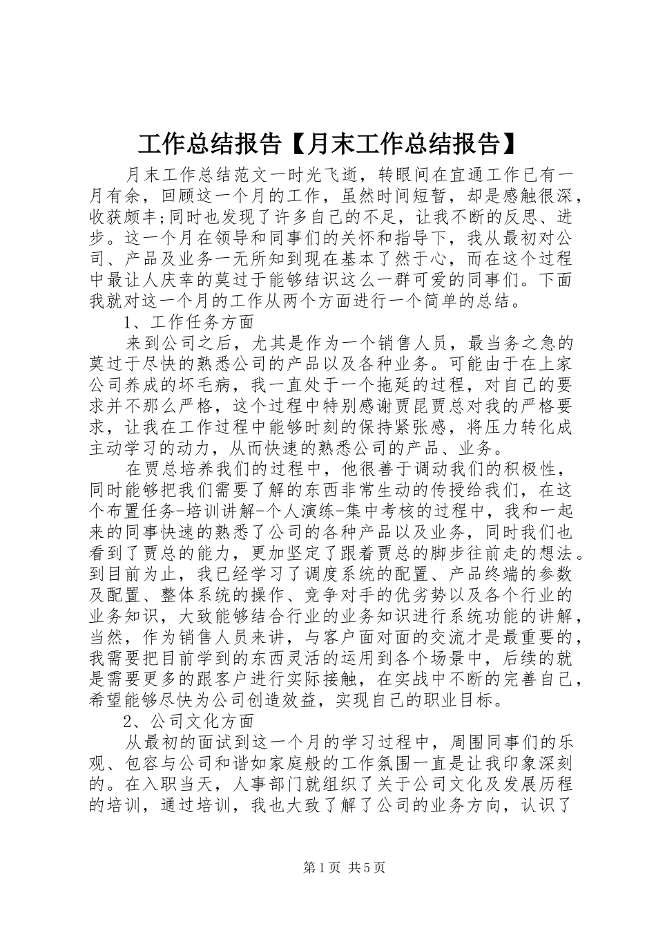 工作总结报告【月末工作总结报告】_第1页