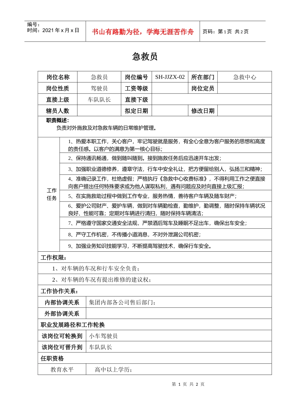 某汽车集团急救中心急救员岗位说明书_第1页