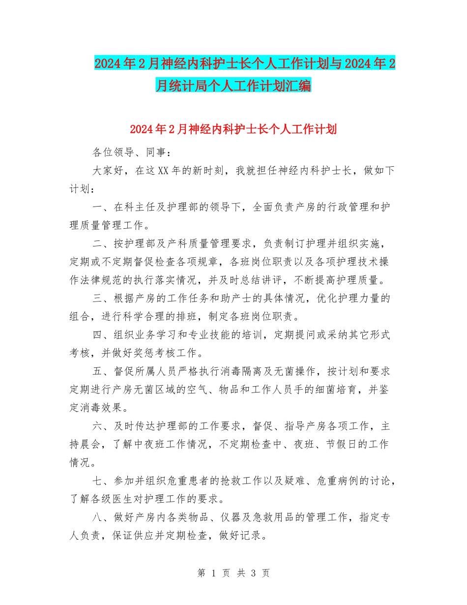 2024年2月神经内科护士长个人工作计划与2024年2月统计局个人工作计划汇编_第1页