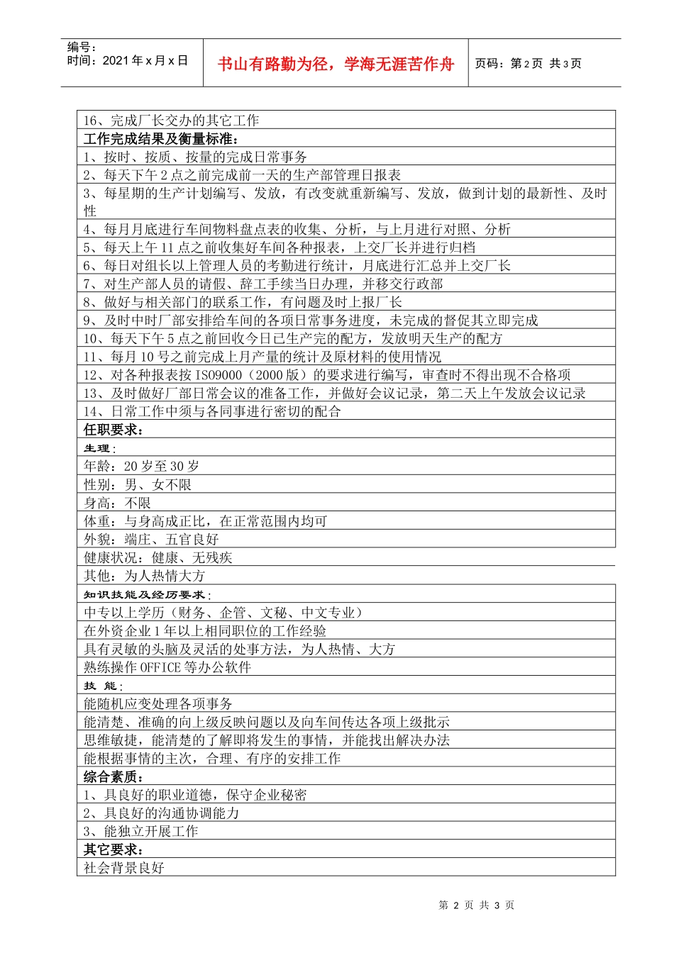 生产部文员职和规范化位说明书_第2页