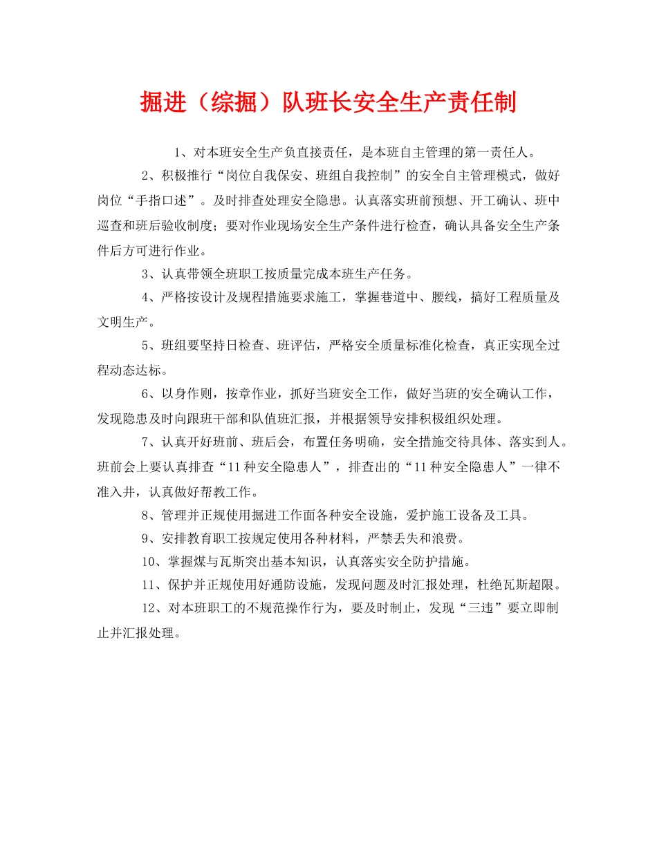 《安全管理制度》之掘进（综掘）队班长安全生产责任制 _第1页