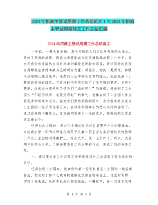 2024年招商主管试用期工作总结范文1与2024年招商主管试用期转正工作总结汇编