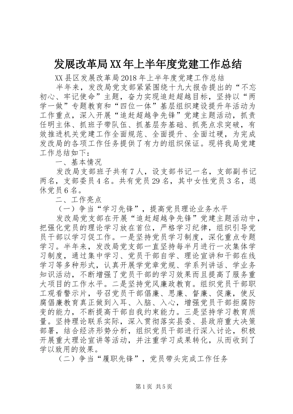 发展改革局XX年上半年度党建工作总结_第1页