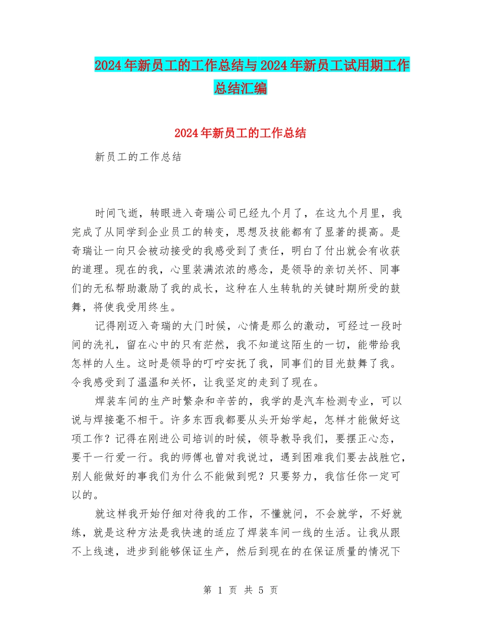 2024年新员工的工作总结与2024年新员工试用期工作总结汇编_第1页