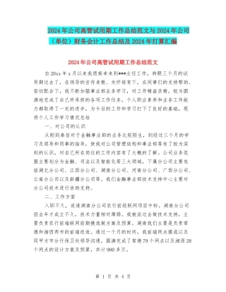 2024年公司高管试用期工作总结范文与2024年公司财务会计工作总结及2024年打算汇编