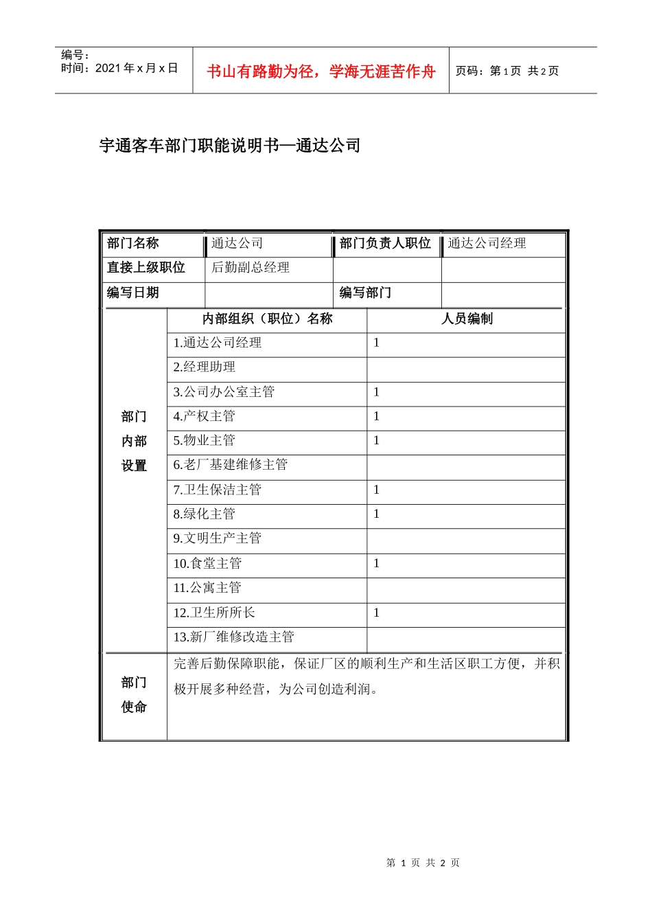 部门职能说明书_通达_第1页