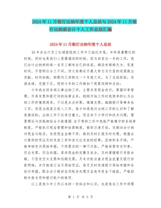2024年11月银行出纳年度个人总结与2024年11月银行出纳部会计个人工作总结汇编