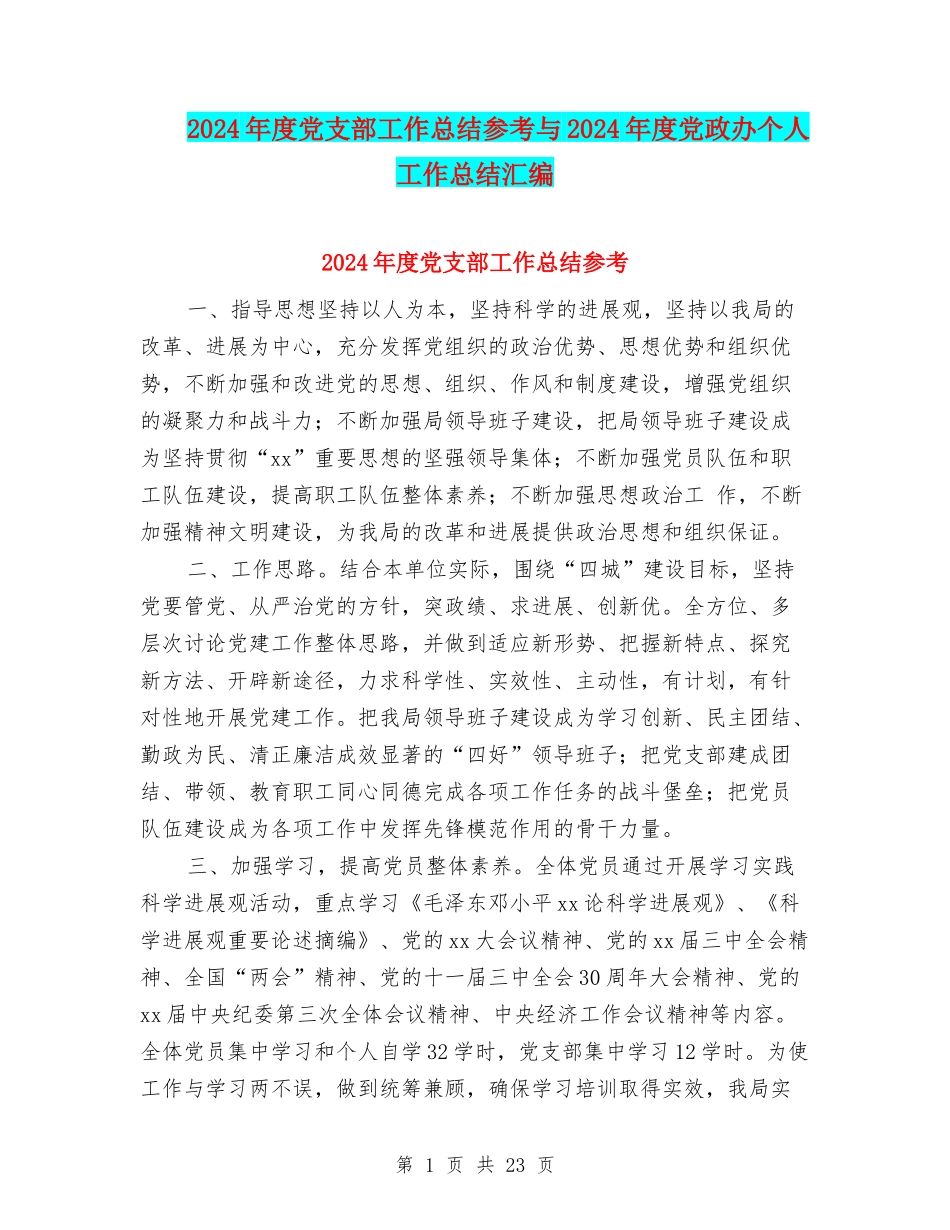 2024年度党支部工作总结参考与2024年度党政办个人工作总结汇编_第1页