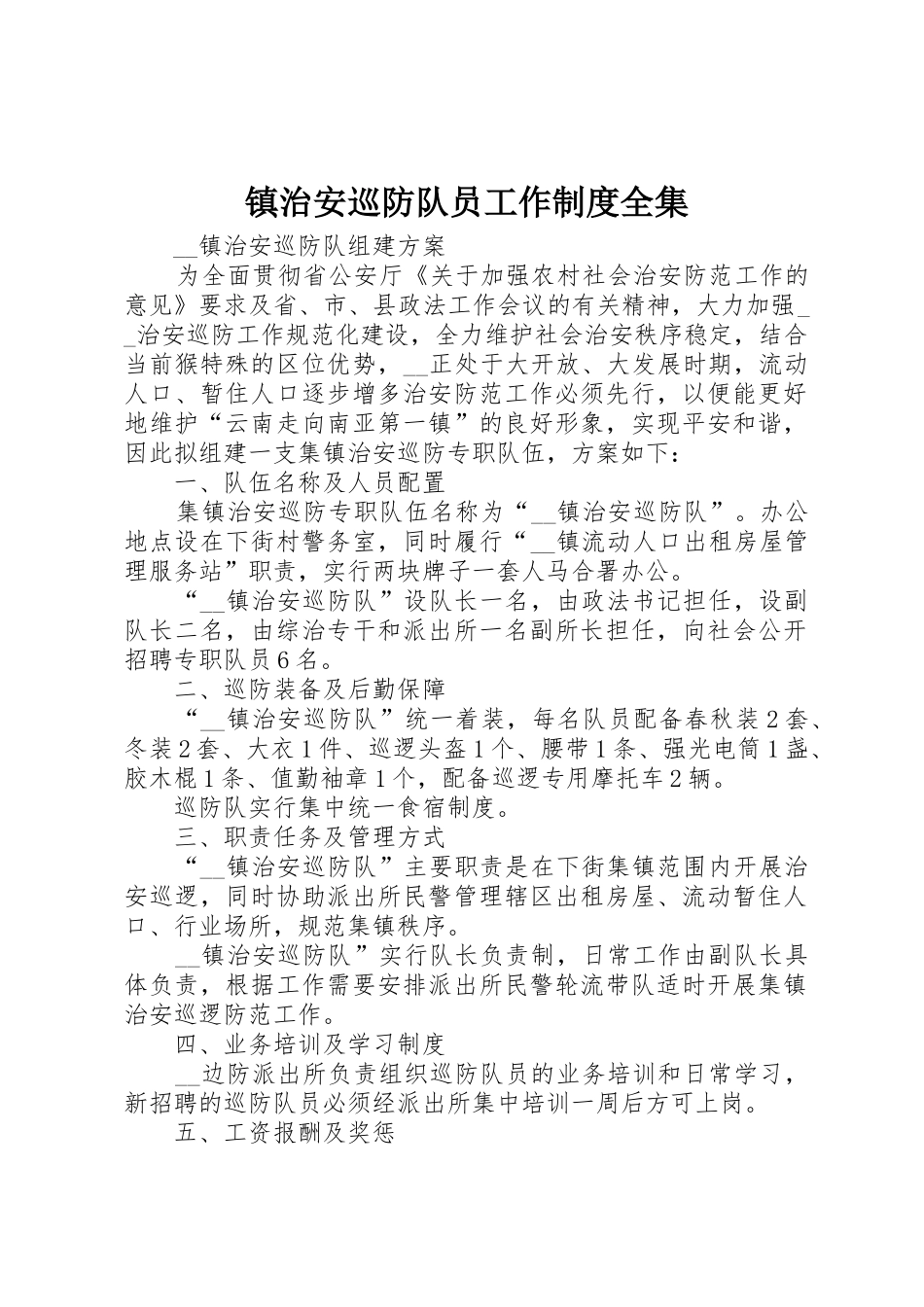 镇治安巡防队员工作规章制度细则全集_第1页