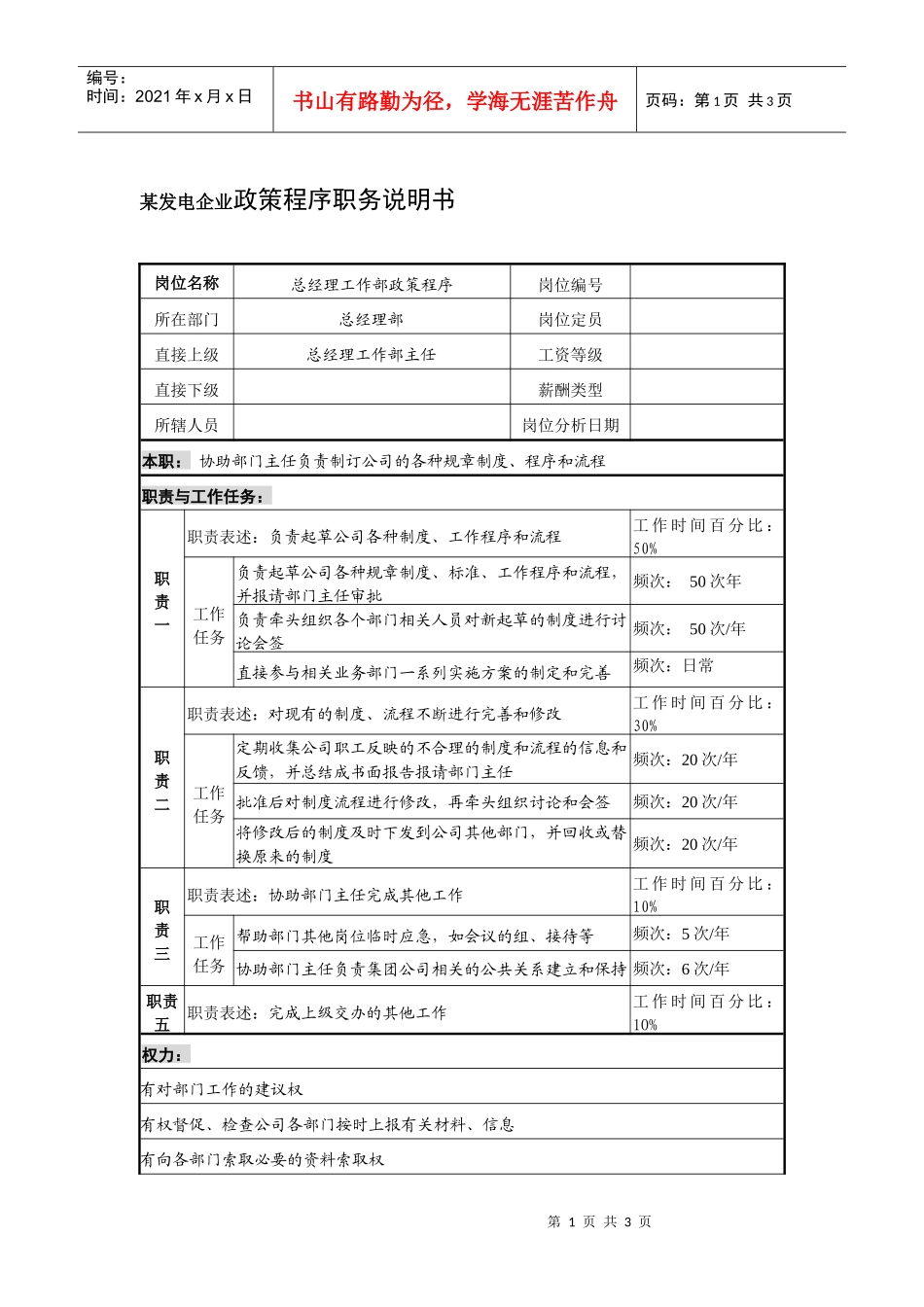 某发电企业政策程序职务说明书_第1页