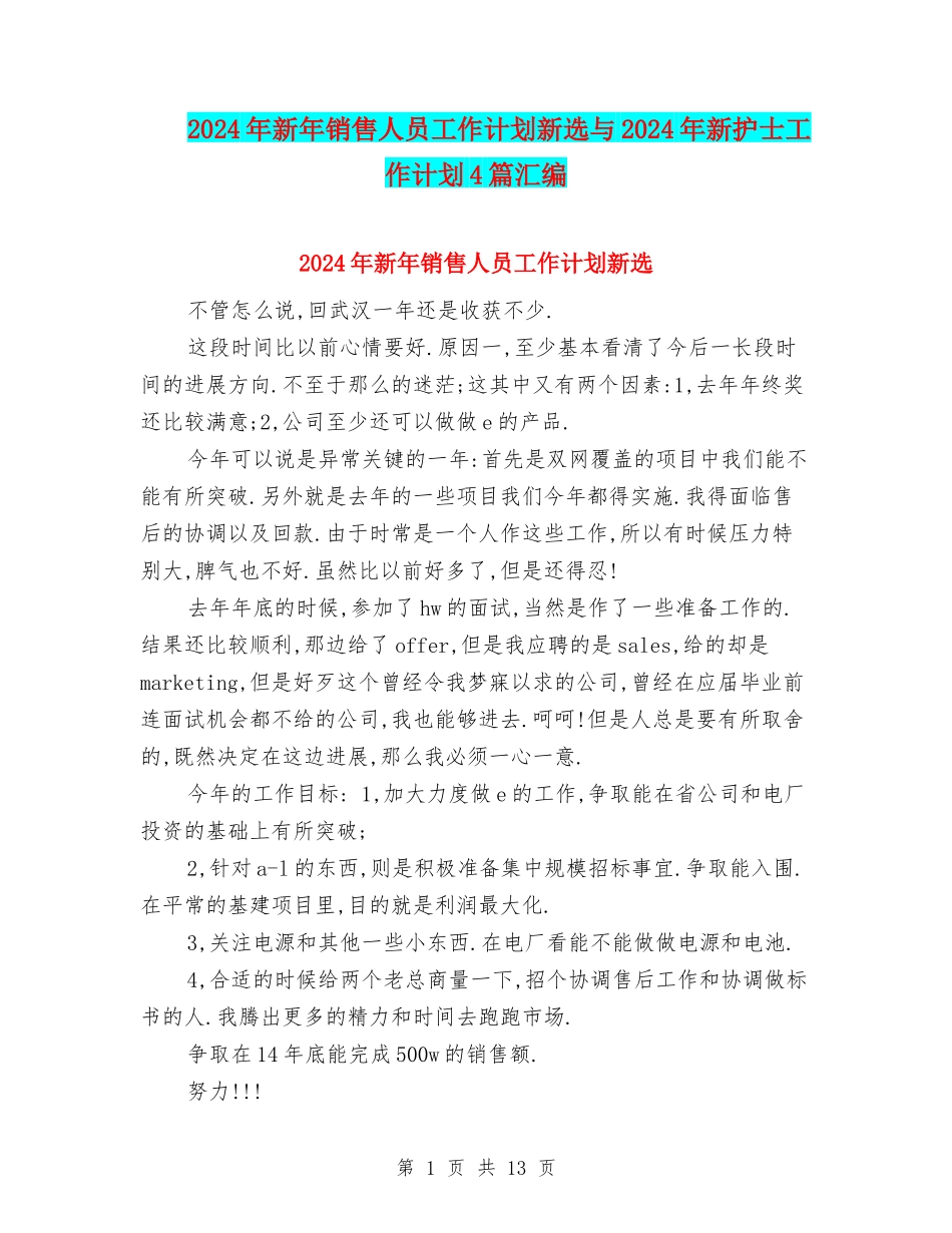 2024年新年销售人员工作计划新选与2024年新护士工作计划4篇汇编_第1页