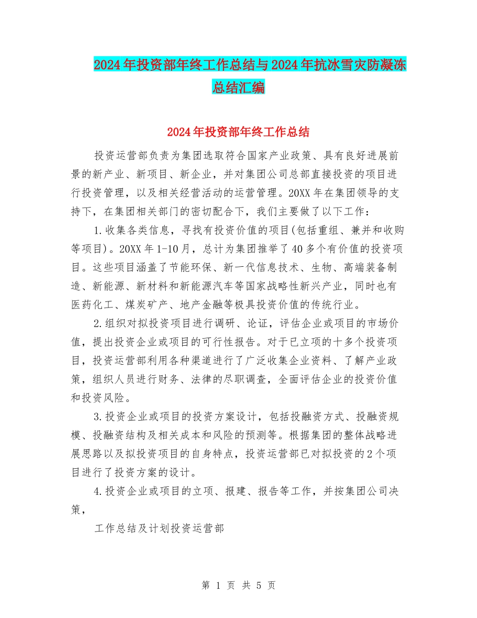 2024年投资部年终工作总结与2024年抗冰雪灾防凝冻总结汇编_第1页