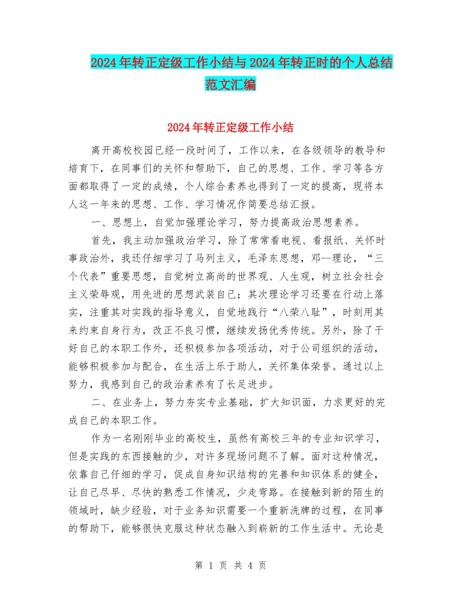 2024年转正定级工作小结与2024年转正时的个人总结范文汇编_第1页