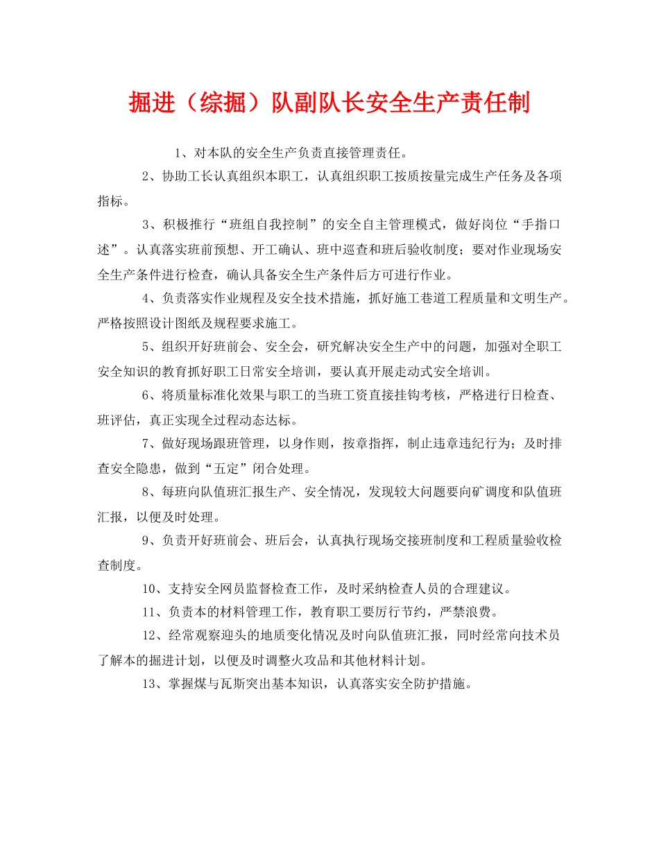 《安全管理制度》之掘进（综掘）队副队长安全生产责任制 _第1页