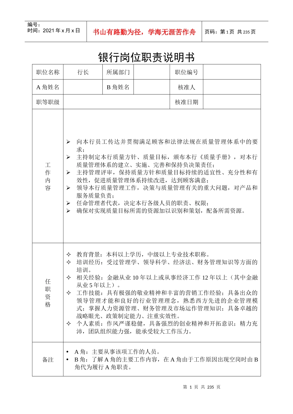 银行全员岗位职责说明书_第1页