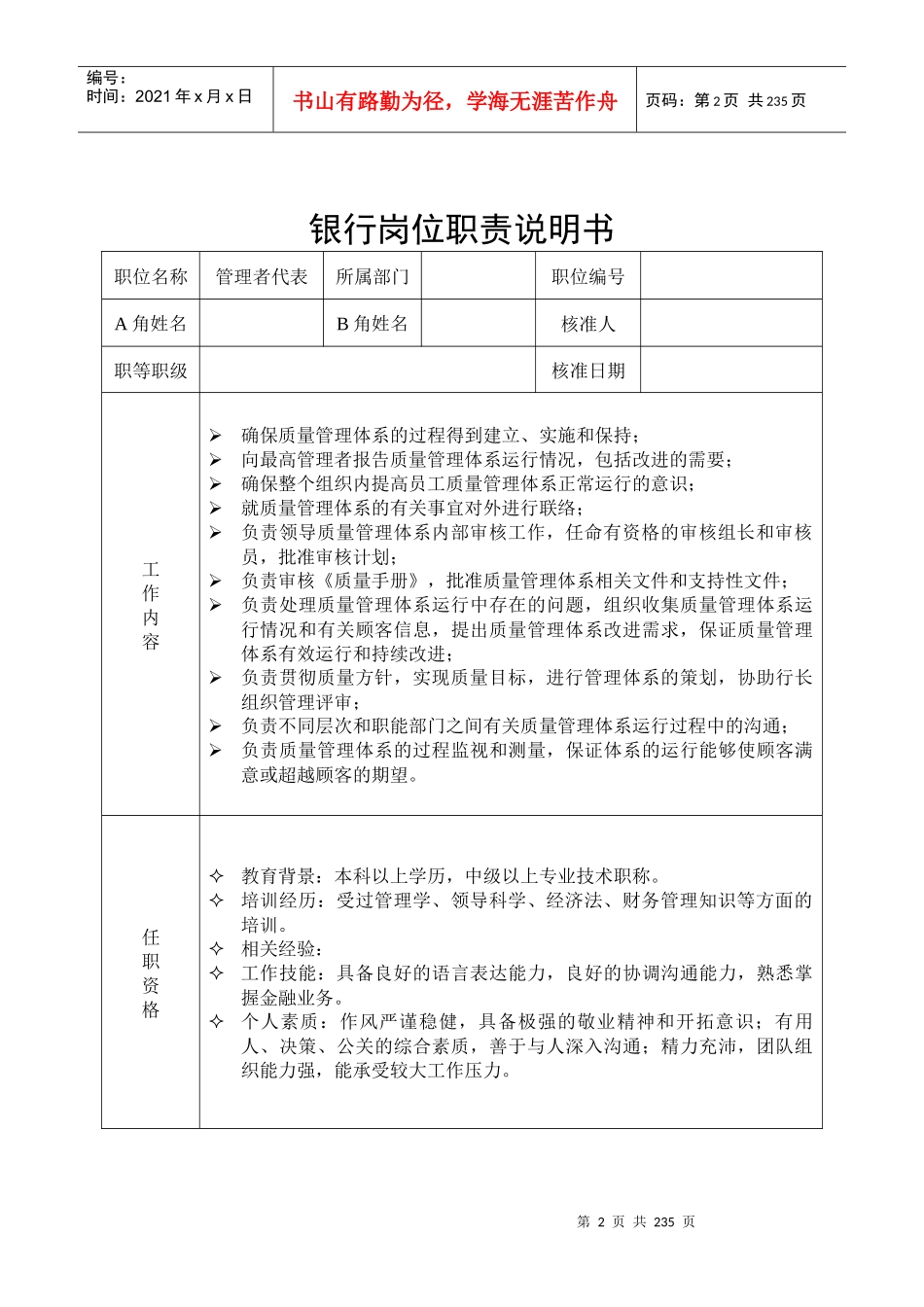 银行全员岗位职责说明书_第2页