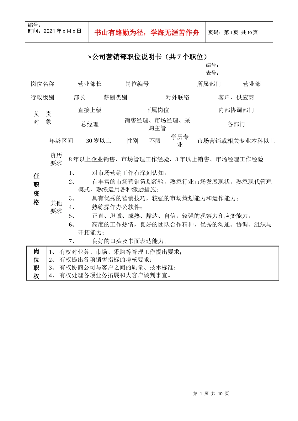某公司营销部职位说明书_第1页
