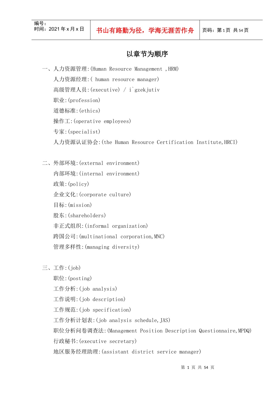 最齐全的人力资源常用英语词汇_第1页