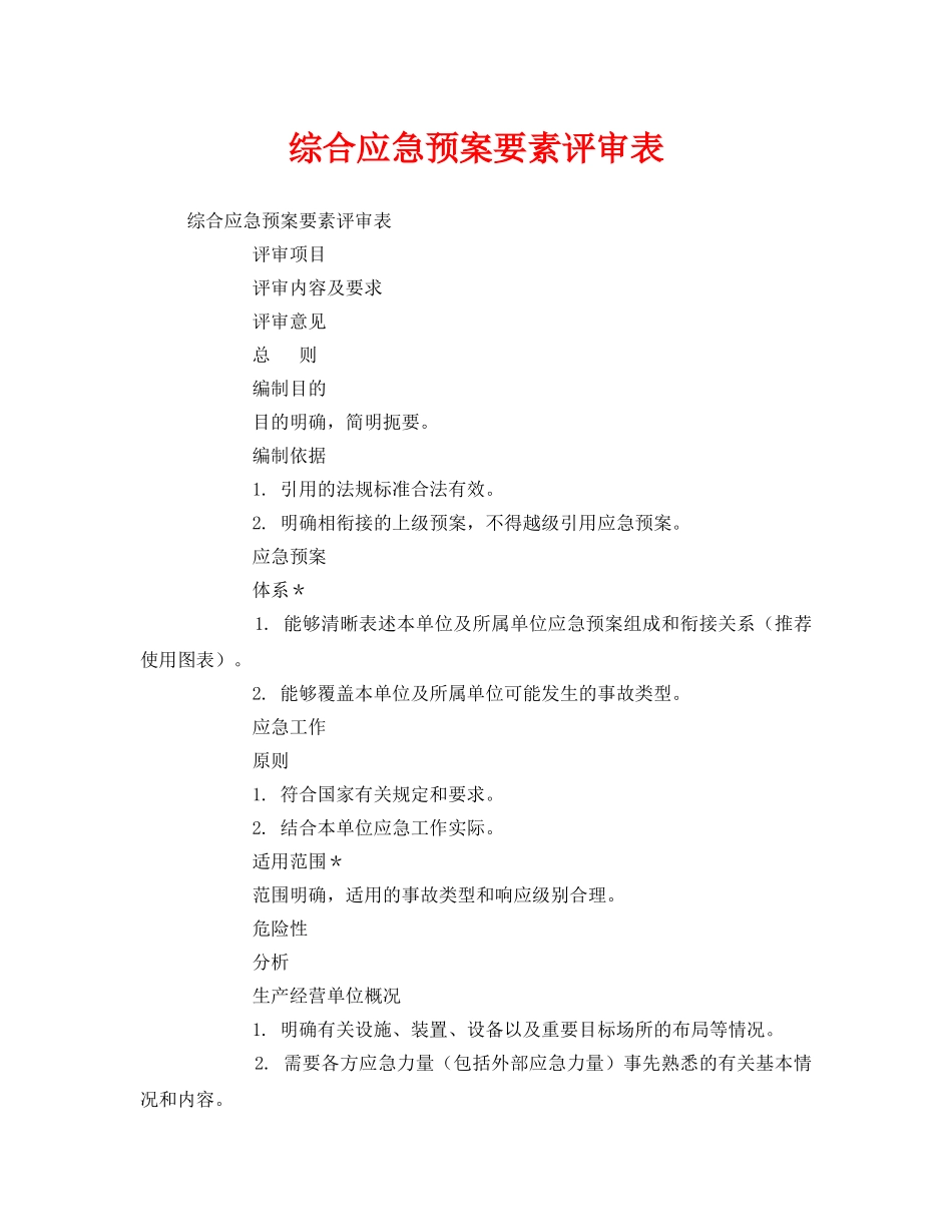 《安全管理应急预案》之综合应急预案要素评审表 _第1页