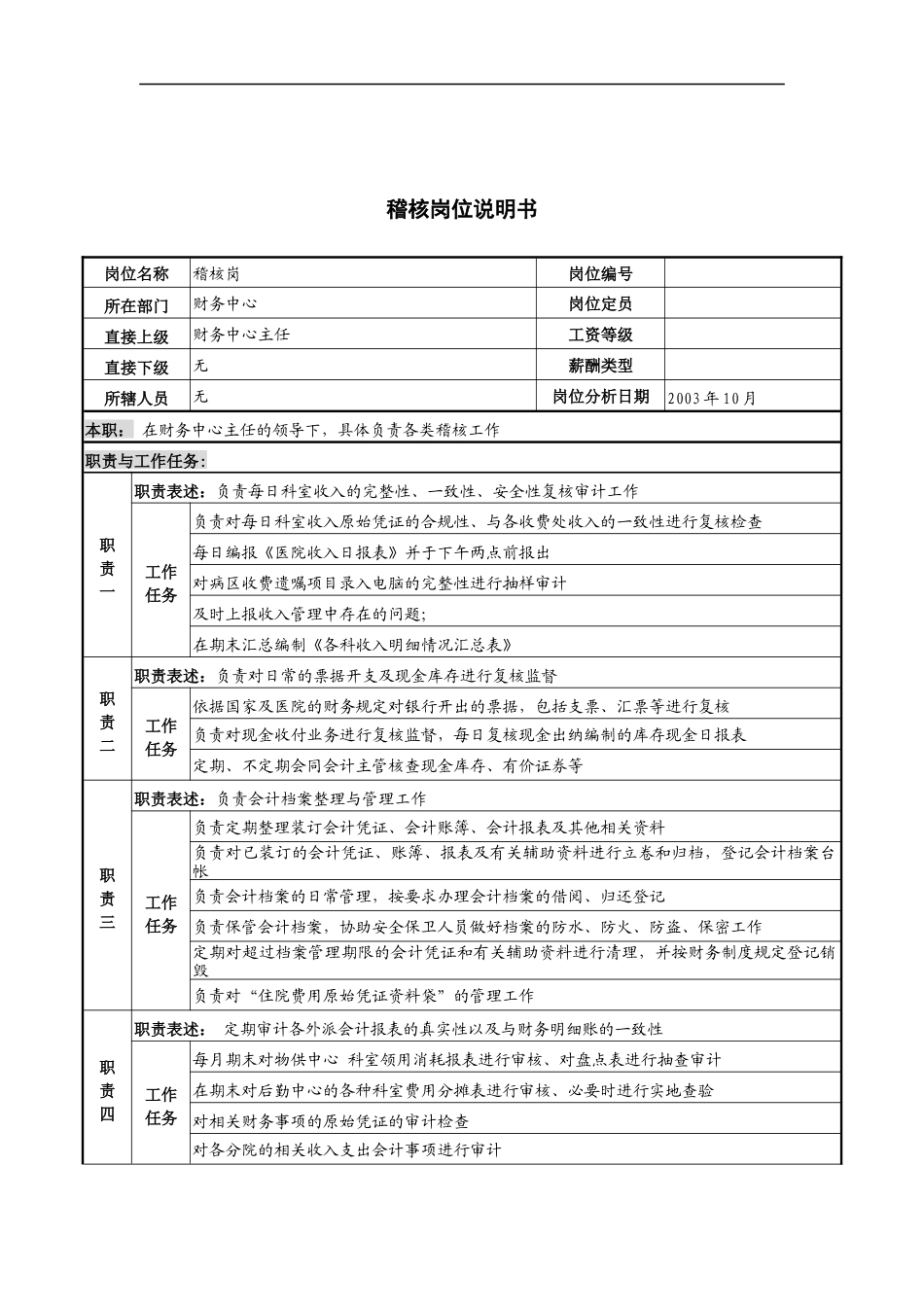 湖北新华医院财务中心稽核岗位说明书_第1页