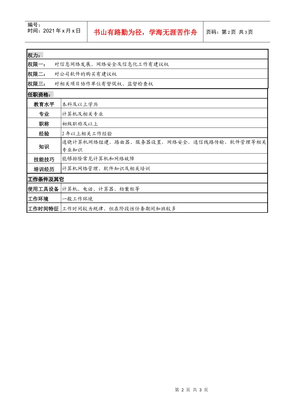 某高速公路公司信息网络岗岗位说明书_第2页