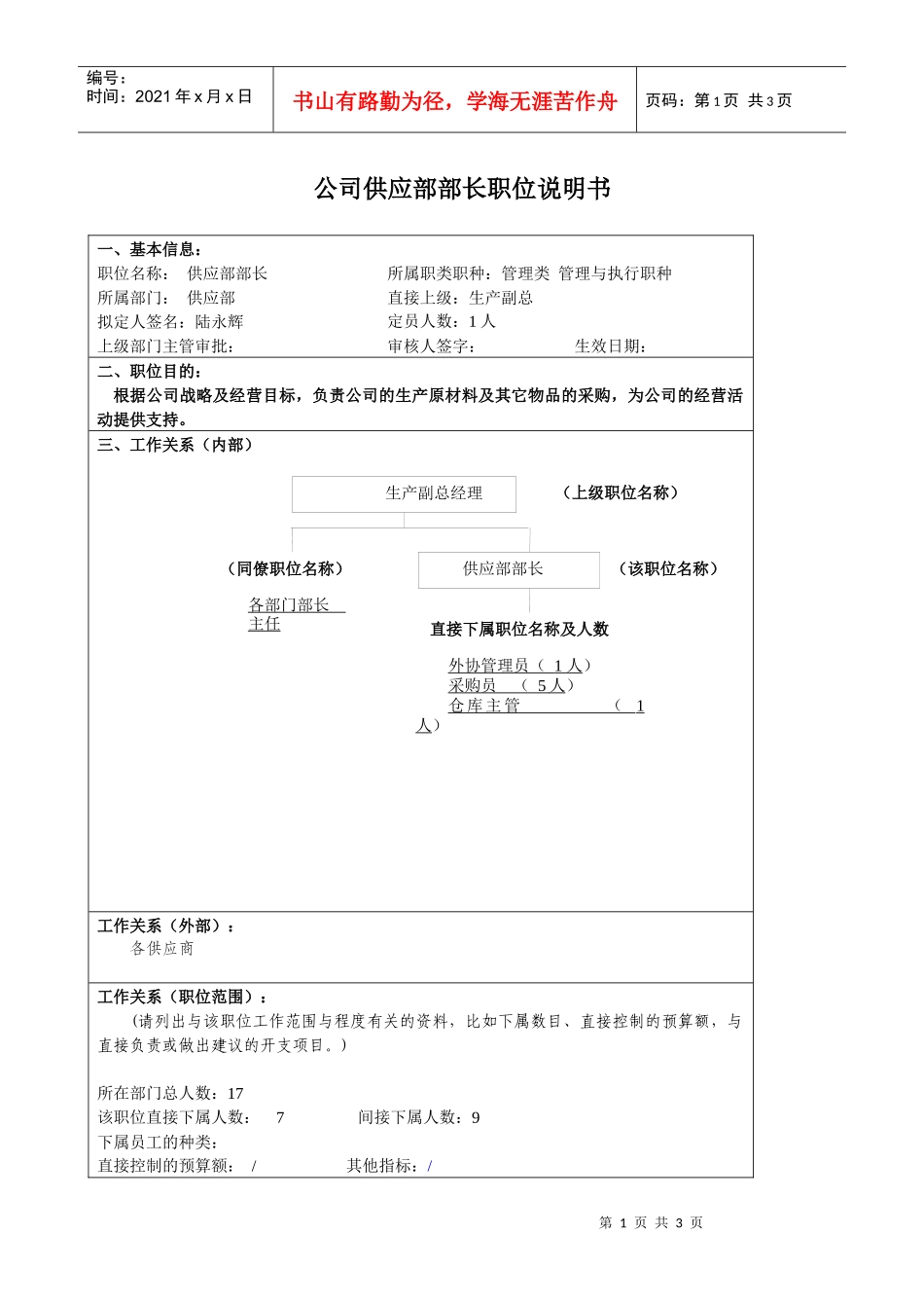 某大型汽车零部件公司供应部部长职位说明书_第1页