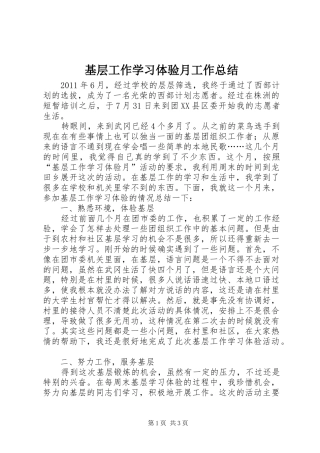 基层工作学习体验月工作总结