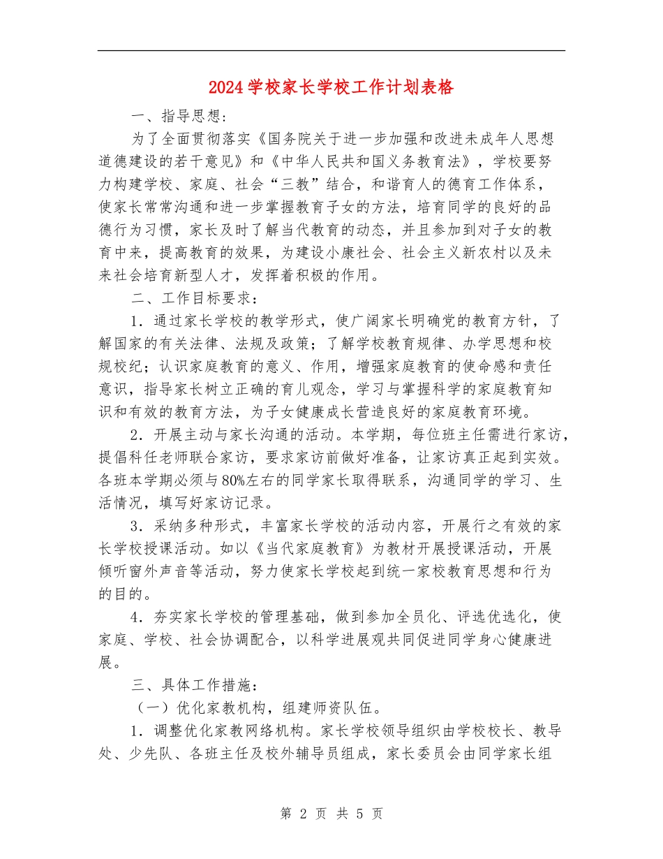2024小学家长学校工作计划表格_第2页