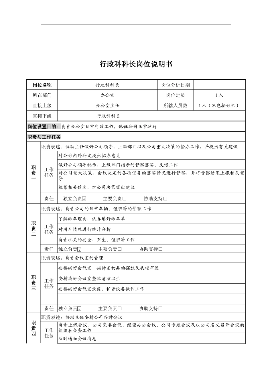 行政科科长岗位说明书_第1页