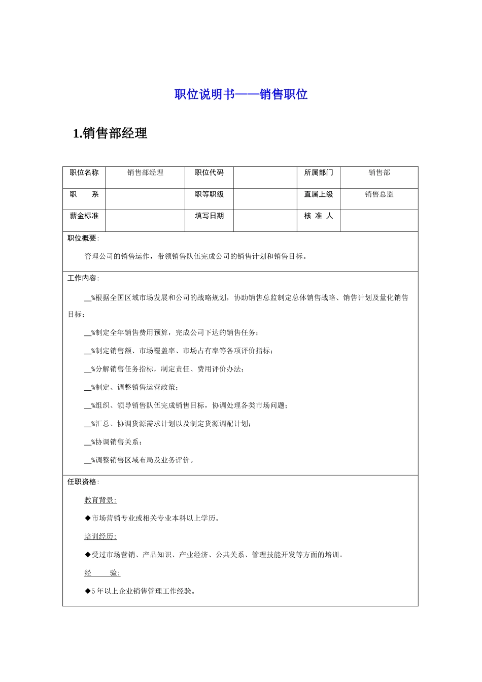 销售部各岗位职务说明书_第1页