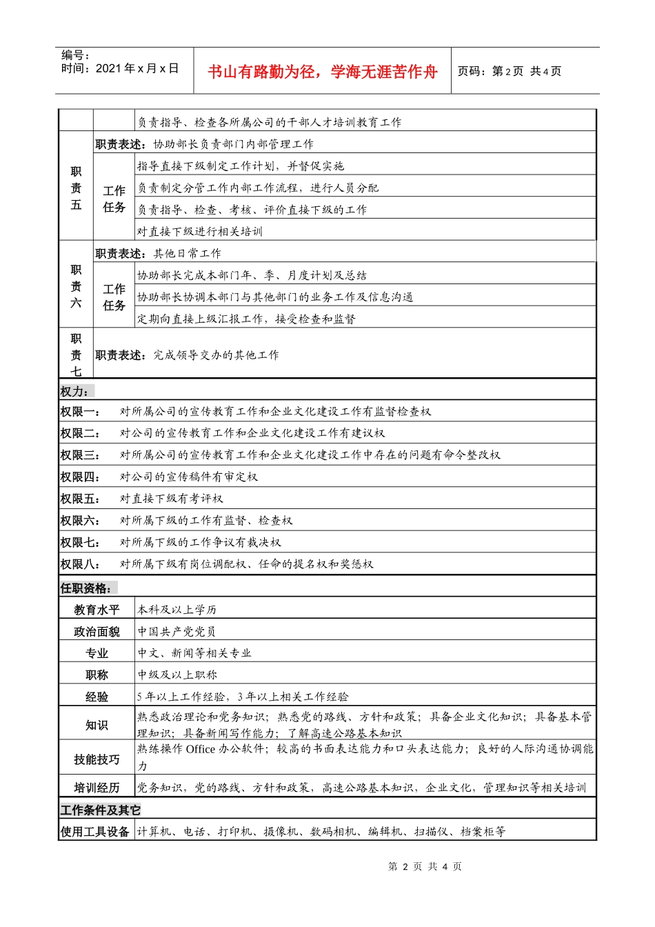 某高速公路公司宣传副部长岗位说明书_第2页